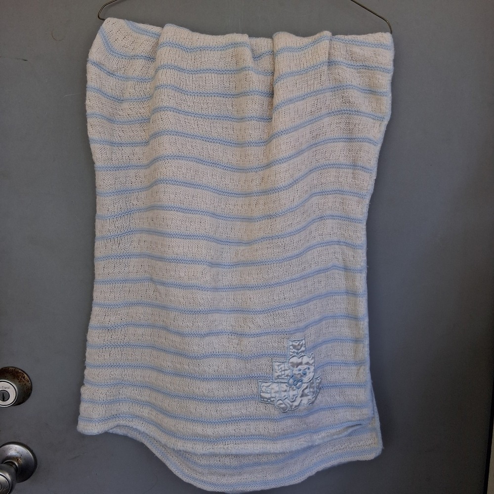 Vintage Baby Blanket Boys Rare HTF Soft Woven Blue Stripe Satin Teddy Bear Motif